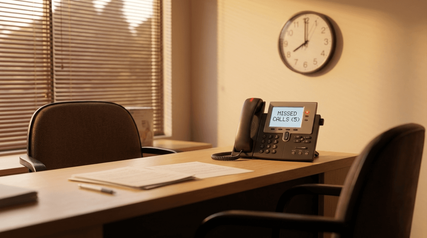 An empty reception desk after hours, a phone showing missed calls, a wall clock reading past 8