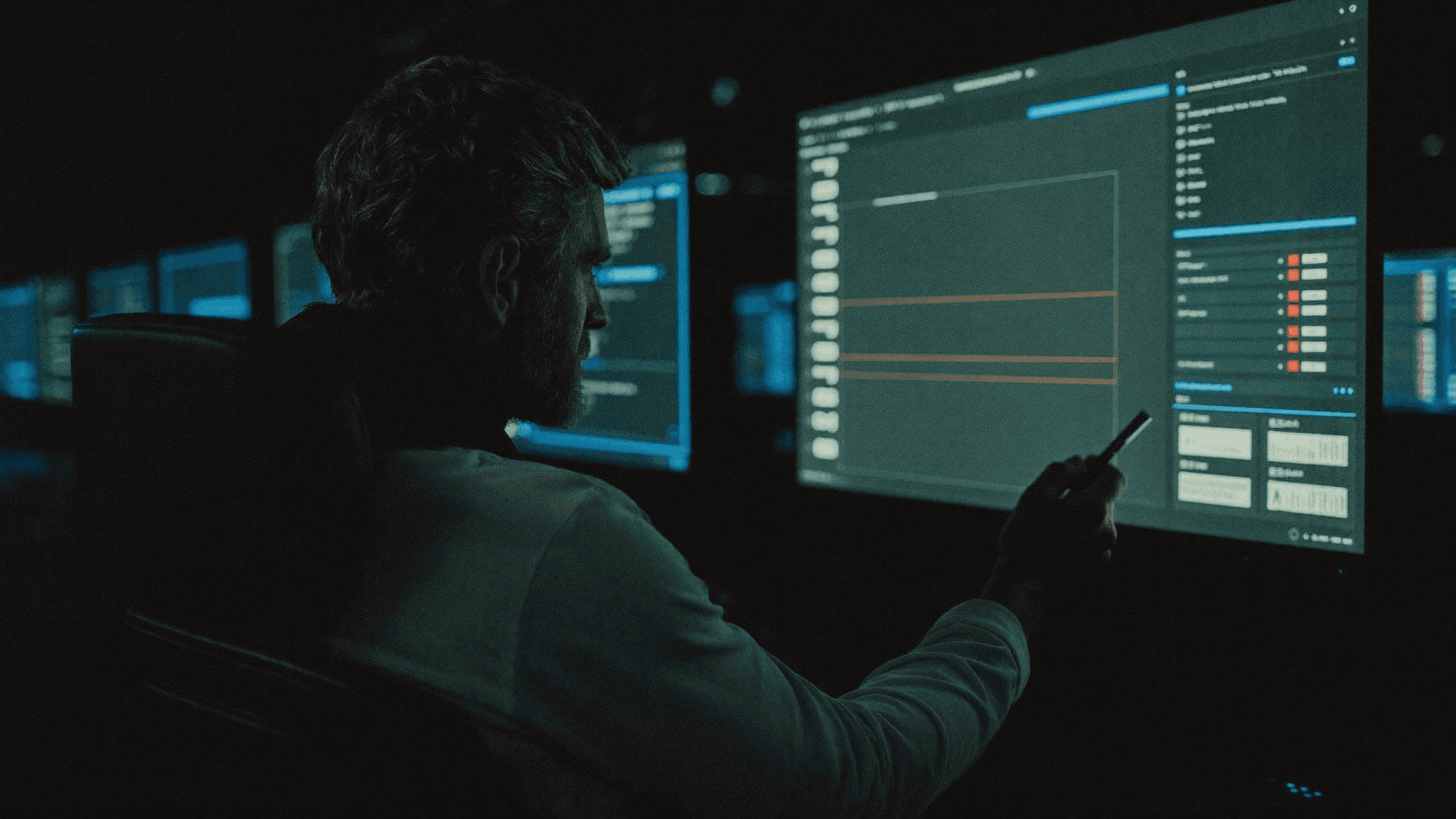 A focused professional in a dark operations room at night inspecting several glowing monitors of dashboards and system audit results.